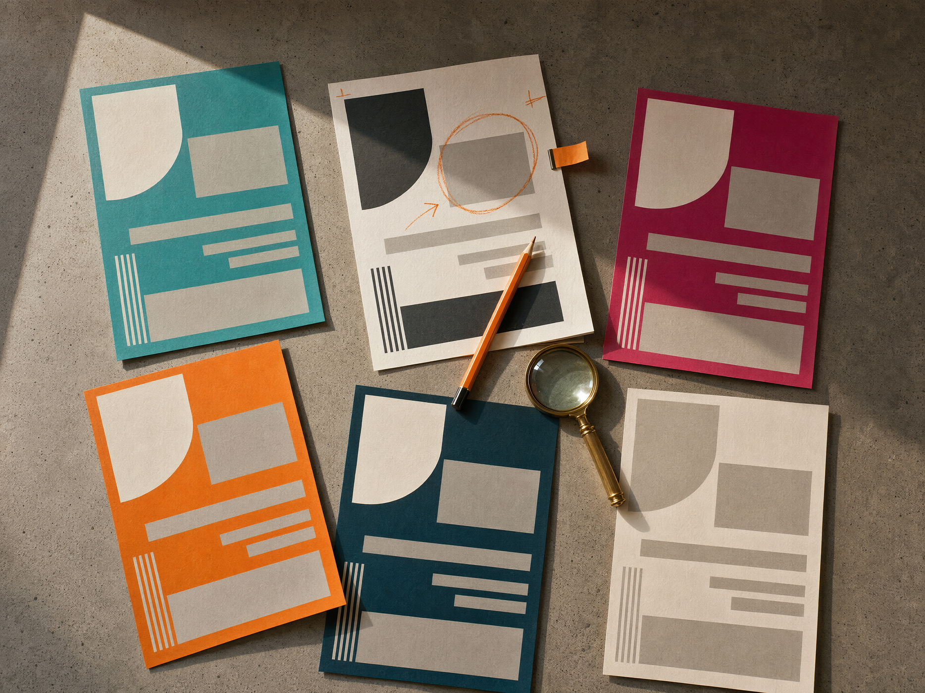 Papers on table with magnifying glass