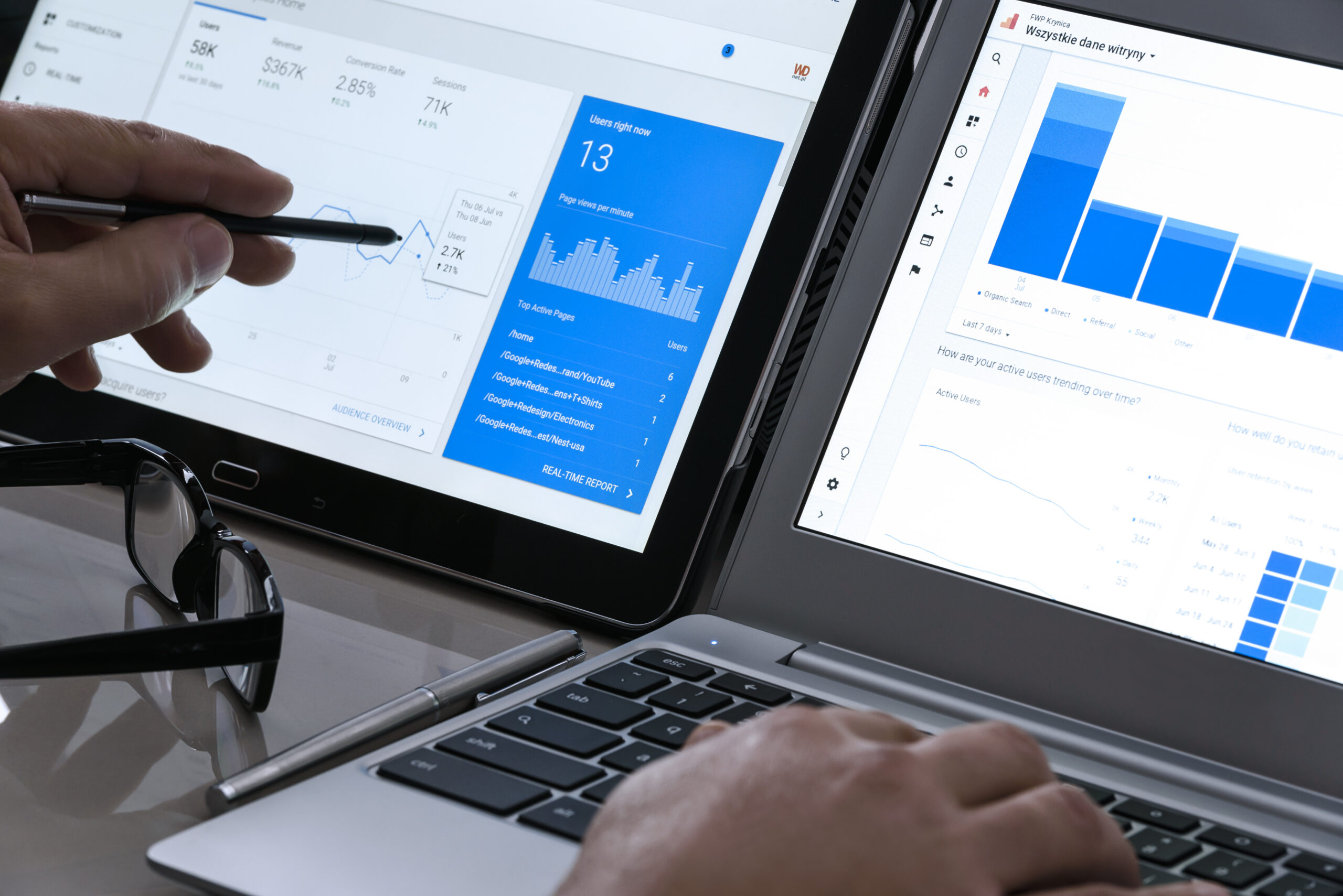 Businessman using Google Analytics in the office on the touch screen of his tablet. Google Analytics is the most famous application for advanced web traffic analysis in the world