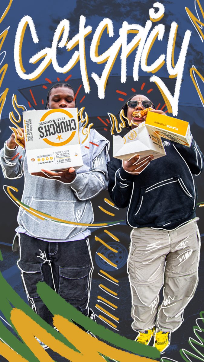 Two people holding Church's Chicken branded boxes
