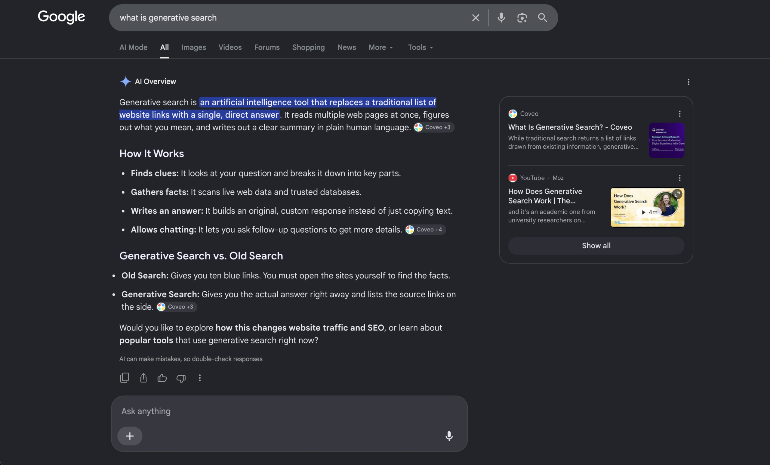 Google Search Results Page Showing AI Overview For Generative Search Query