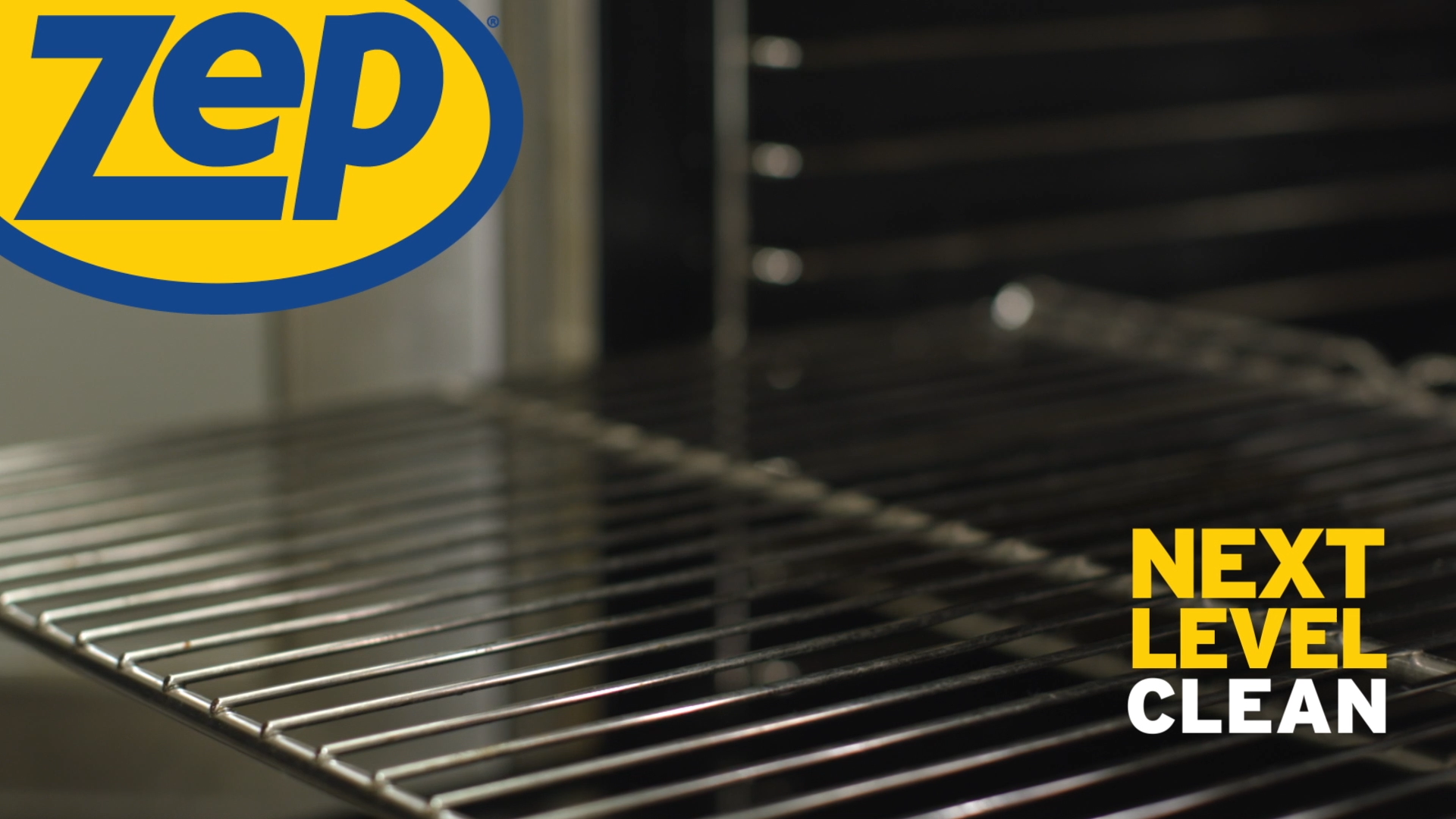 A close-up of a sparkling clean oven rack with the Zep logo and the text "NEXT LEVEL CLEAN".