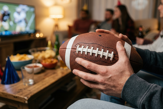 Person Holding American Football While Watching Game On TV