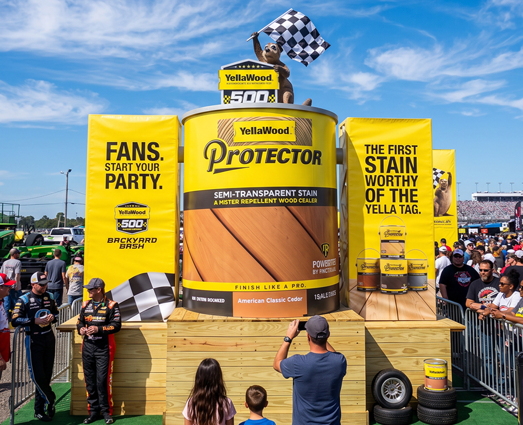 A family taking a picture in front of a massive YellaWood Protector stain can and "YellaWood 500 Backyard Bash" promotional display at a crowded racing event.