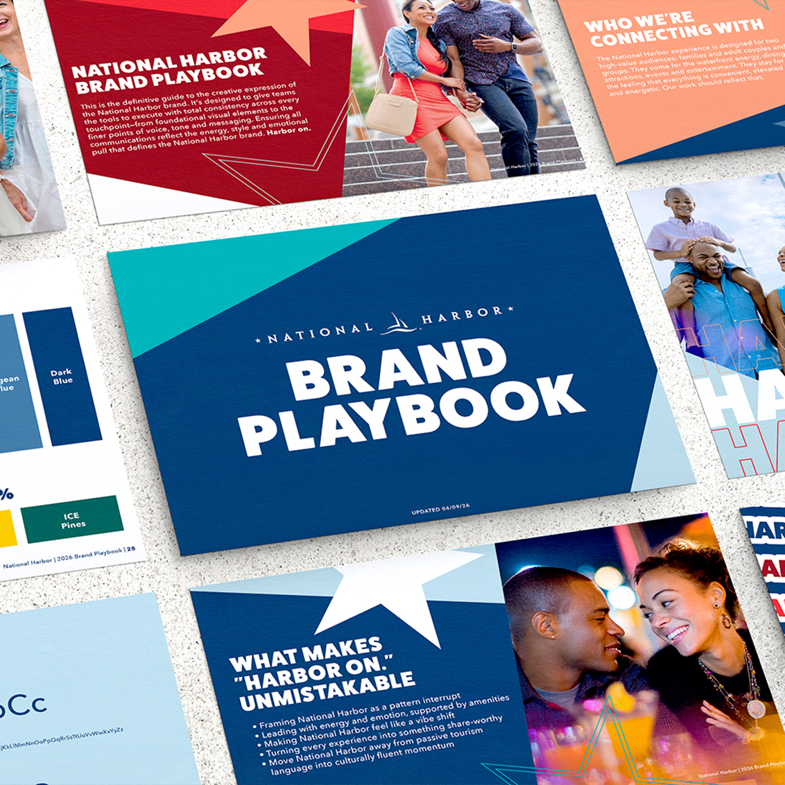 A collage of pages from the National Harbor Brand Playbook, displaying the cover design, color palettes, core messaging guidelines, and lifestyle photography.