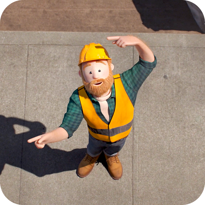 An illustration of a construction worker with a yellow vest and hardhat looking into the air