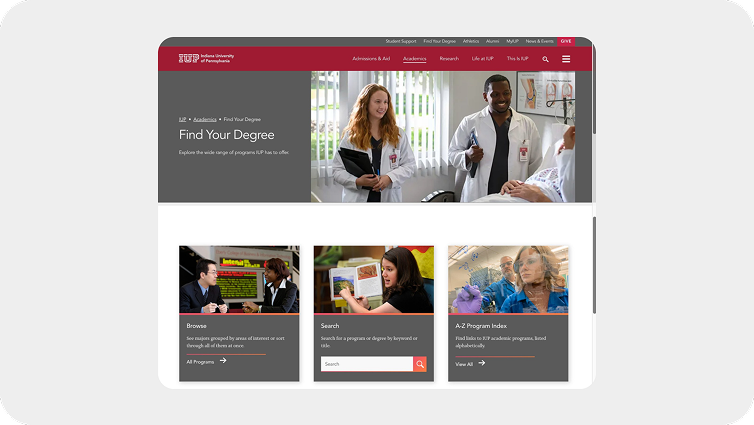 A screengrab of the IUP website with headline of Find Your Degree
