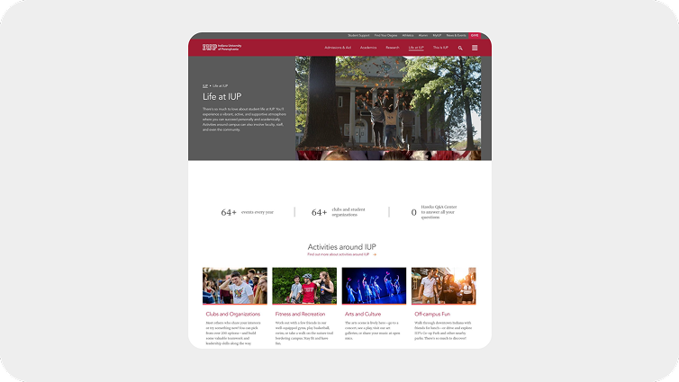 A screengrab of the IUP website with headline of Life at IUP