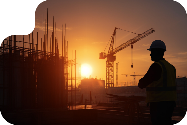 sunset image with a crane and building under construction and a construction worker in the shadow