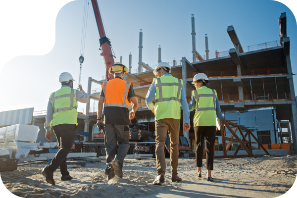 Four construction workers in hard hats and safety vests walking toward a building under construction