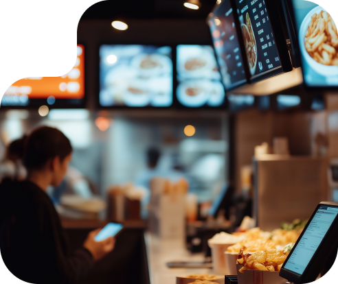 Behind the counter of a quick serve restaurant with food and ordering screens