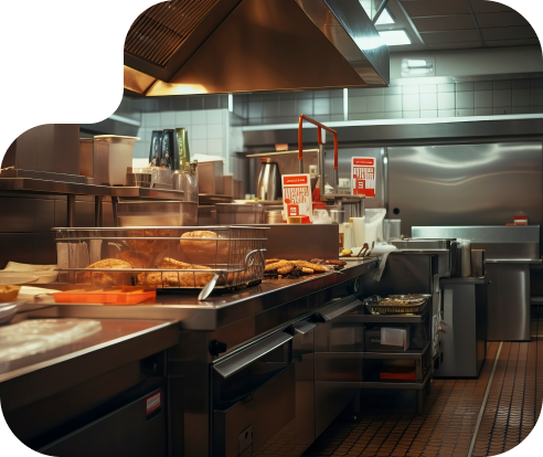 quick serve restaurant kitchen with industrial stainless steel appliances