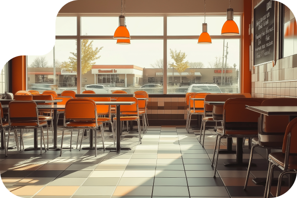 empty restaurant with a large glass window, lots of table and chairs