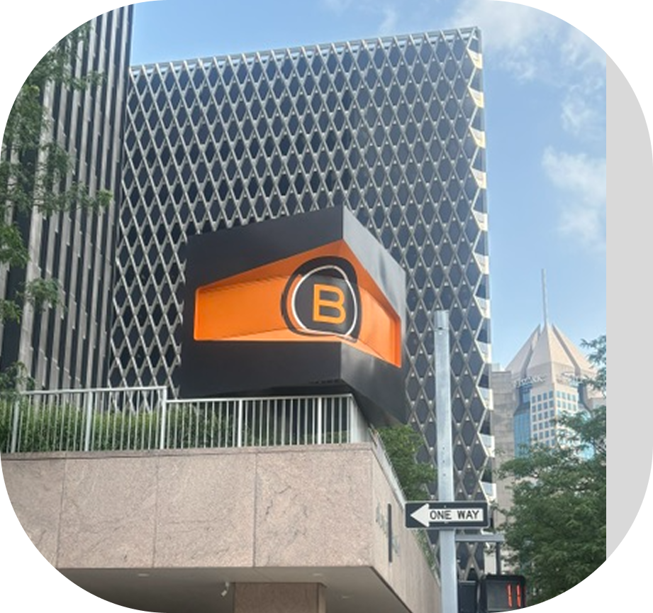 Brunner spinning logo sign outside of their building
