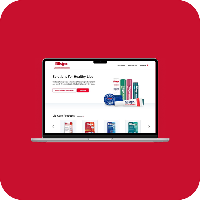 A laptop open with the Blistex website in the browser