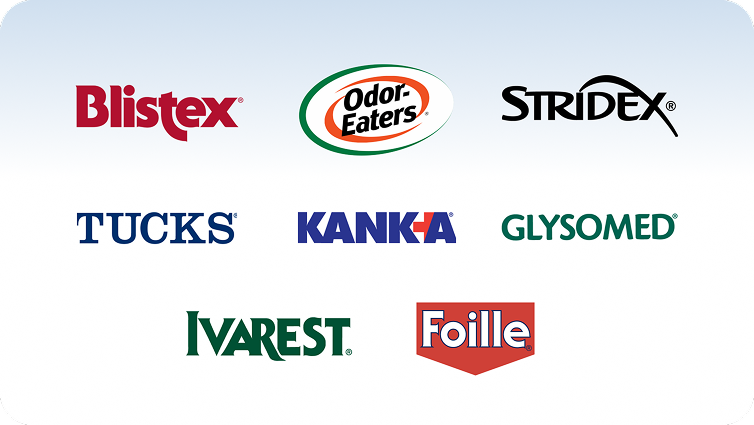 An image with the following logos - Blistex, Odor-Eaters, Stridex, Tucks, Kank-A, Glysomed, Ivarest and Foille