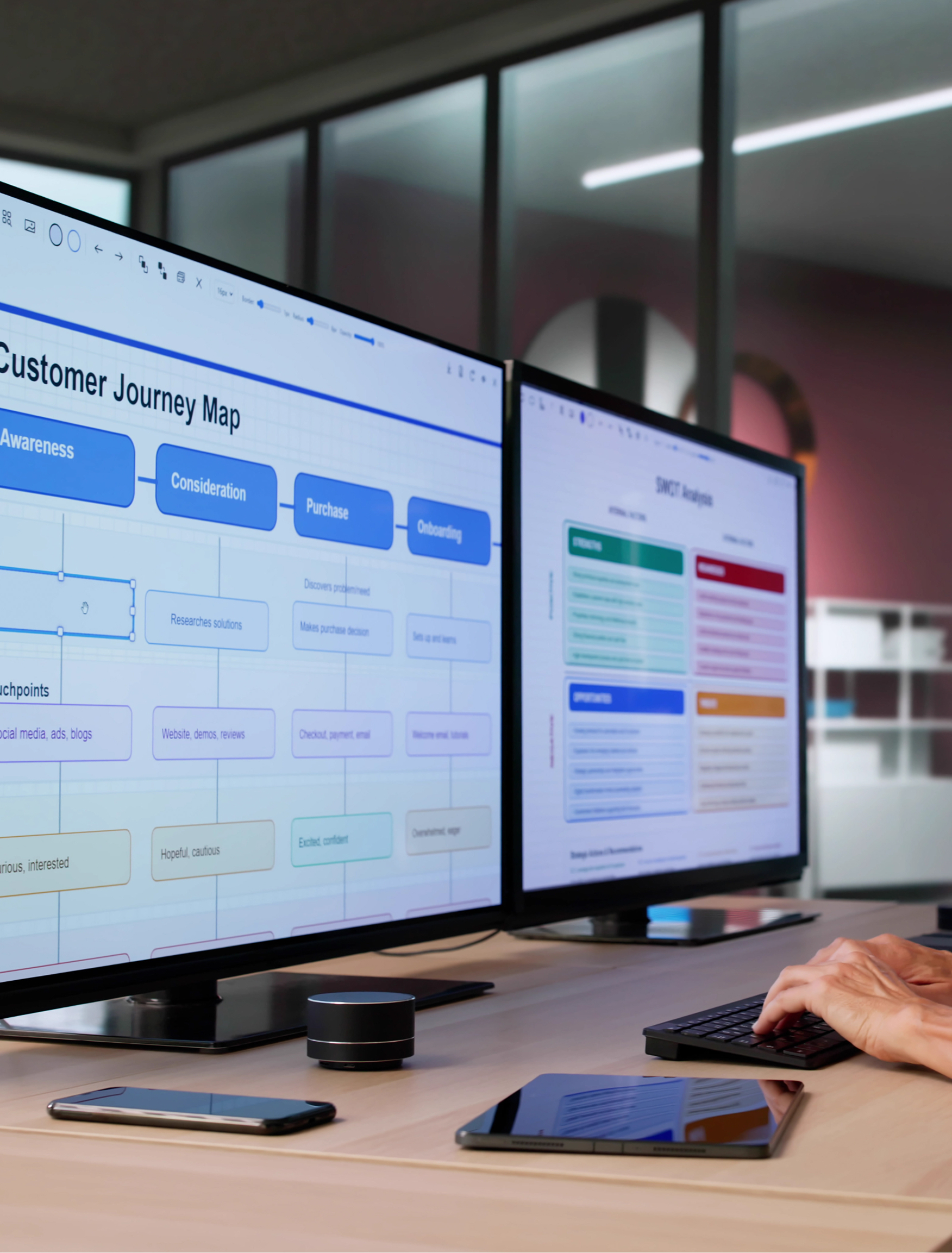 Close-up of hands typing at a desk with dual monitors, displaying a Customer Journey Map on the left screen and a SWOT Analysis chart on the right screen.