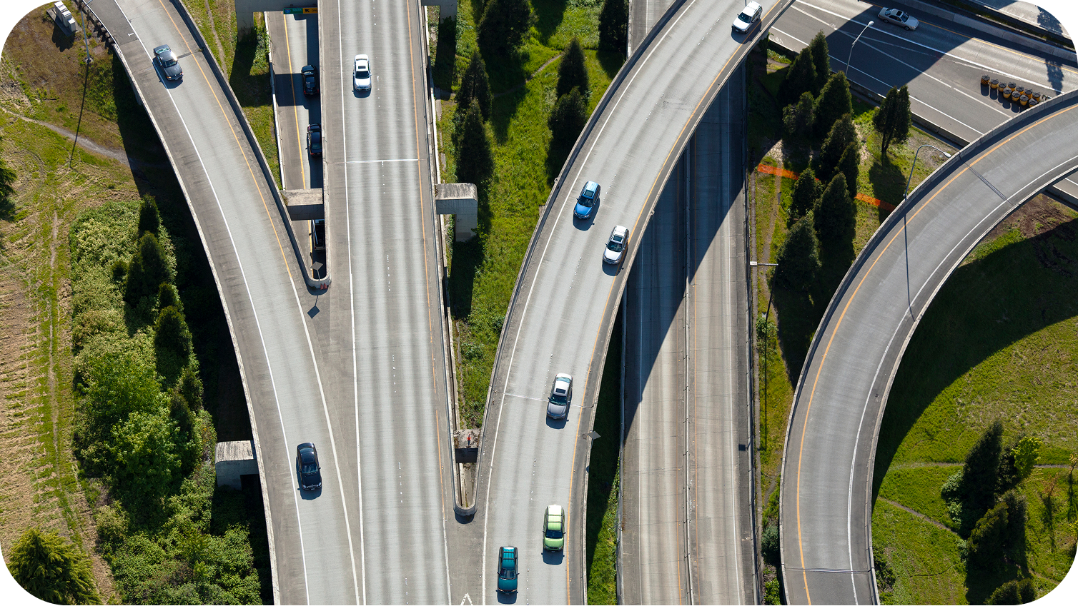 overview of a highway with cars.