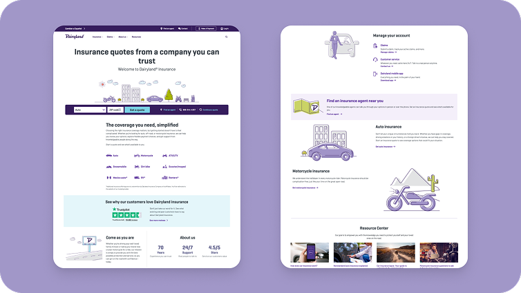 Two screengrabs of Dairyland's website about Insurance Quotes