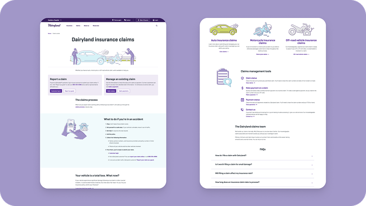 Two screengrabs of Dairyland's website about Insurance Claims