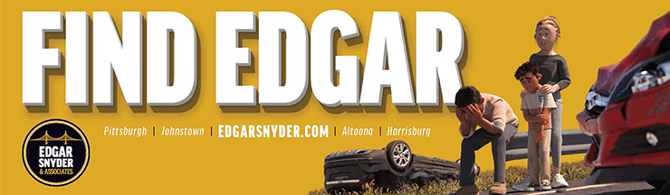 Illustration of a car accident. A person is sitting on a guardrail with their head in their hands and another person consoling a child that is holding their arm. Text that says, Find Edgar