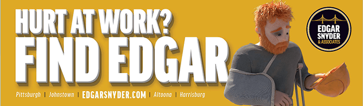 An illustration of a person holding a hardhat with their arm in a sling and using a crutch. Text that says, Hurt at Work? Find Edgar