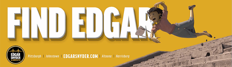 An illustration of a person falling down a set of damaged stairs. Text that says, Find Edgar