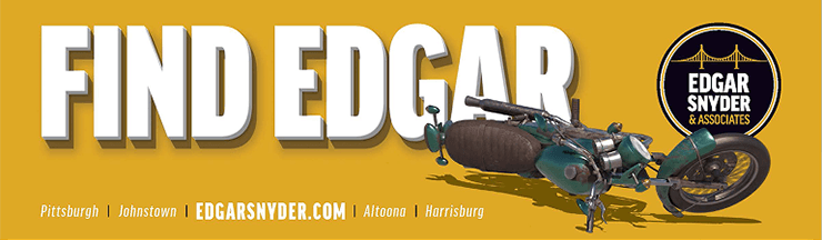 An illustration of a motorcycle laying on the ground. Text that says, Find Edgar