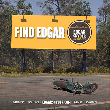 Illustration of a motorcycle laying down on a road with woods in the background and a billboard that says, Find Edgar