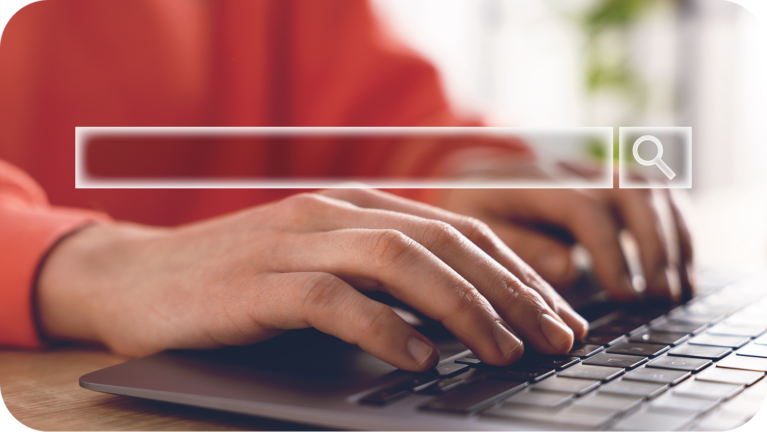 Person typing on a keyboard with a search field overlayed