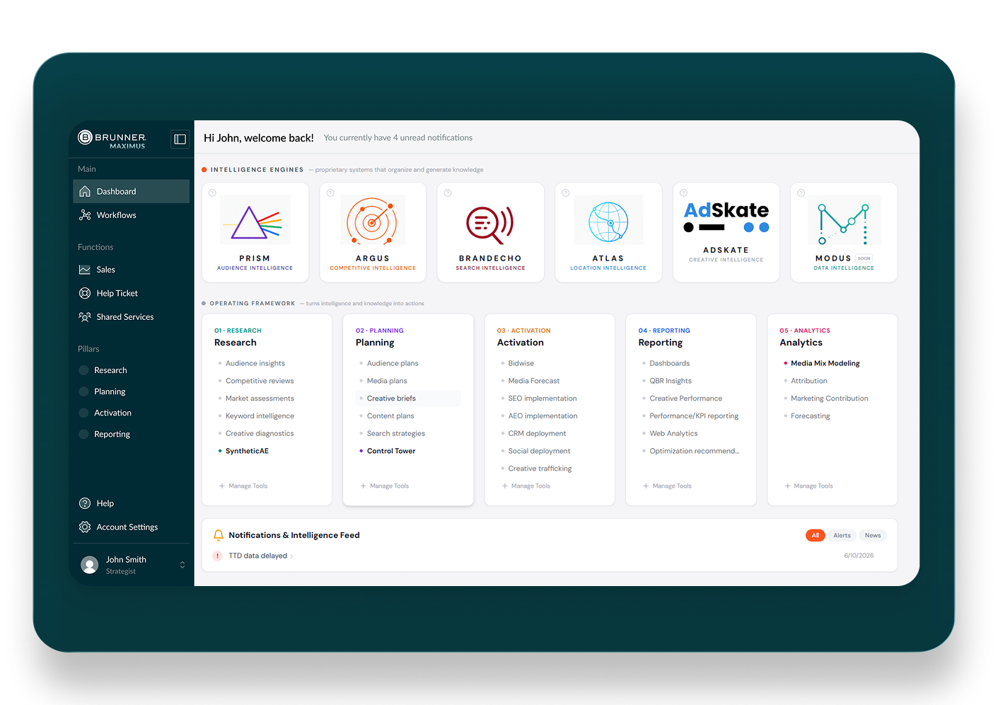 Screen grab of the Maximus Dashboard that shows Intelligence Engines and Operating Frameworks