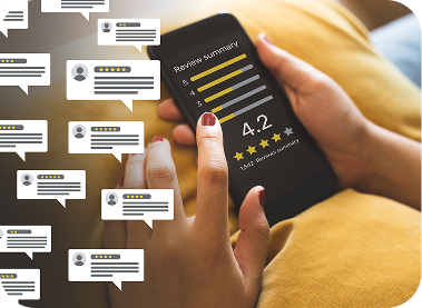 Person looking on mobile phone at a review summary