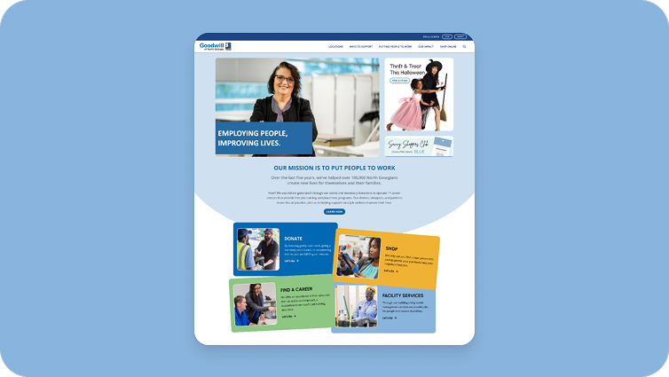 Goodwill of North Georgia homepage with "Employing People, Improving Lives" mission banner