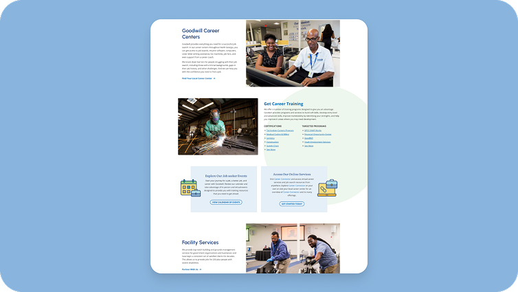 Goodwill of North Georgia Career Centers page with training, job seeker, and facility services sections