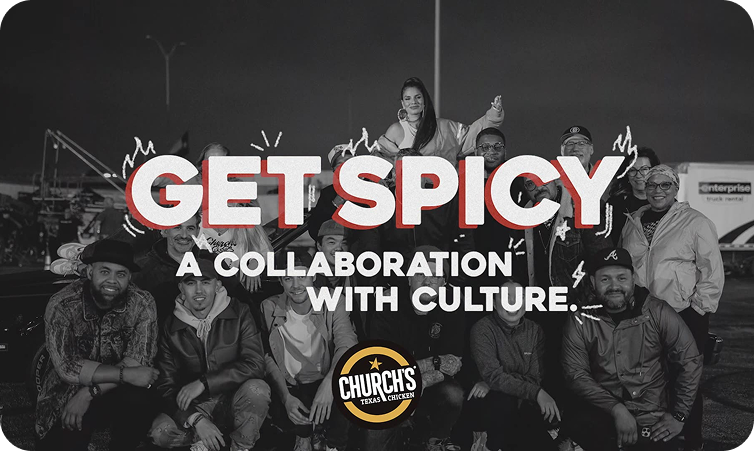 A group of people standing together behind the wording Get Spicy, A collaboration of Culture