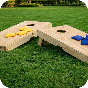 A corn hole set with yellow and blue bean bags