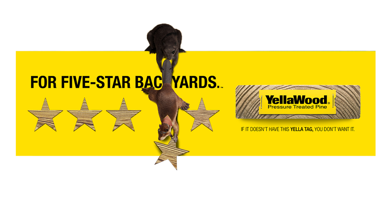 Two beavers hanging on a billboard taking a wood star off the billboard with a two by four with a tag that says Yellawood pressure treated pine.